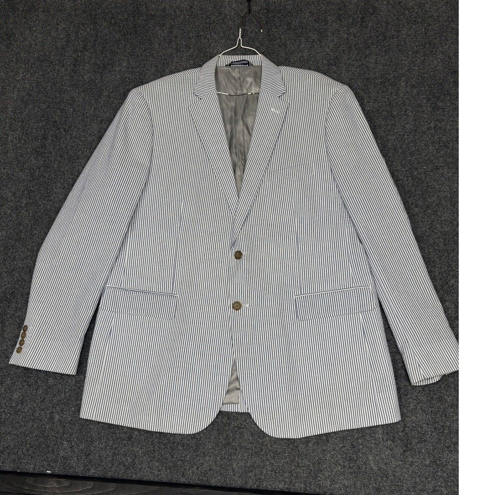 Tommy Hilfiger Seersucker Blazer Mens 44L Blue White Striped Two Button Jacket
